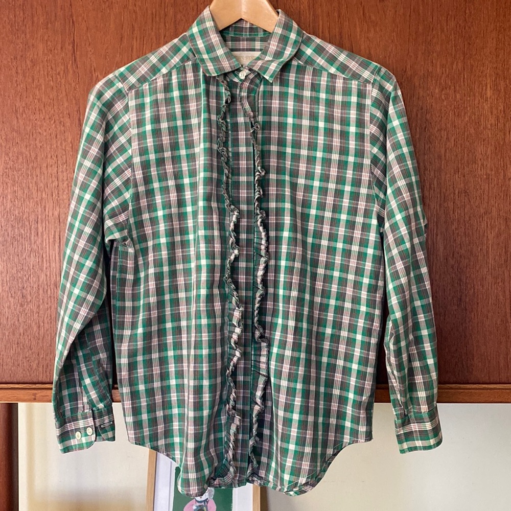 John Henry vintage ruffle front plaid cotton button up
